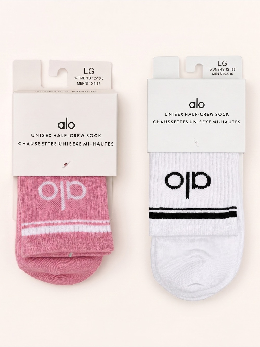 ALO Yoga Unisex Throwback Half-Crew Socks 2-Pair Bundle Pink & White L